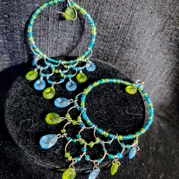 Blue and Green Gem Dangle Hoop Earrings - Picture 2 of 4